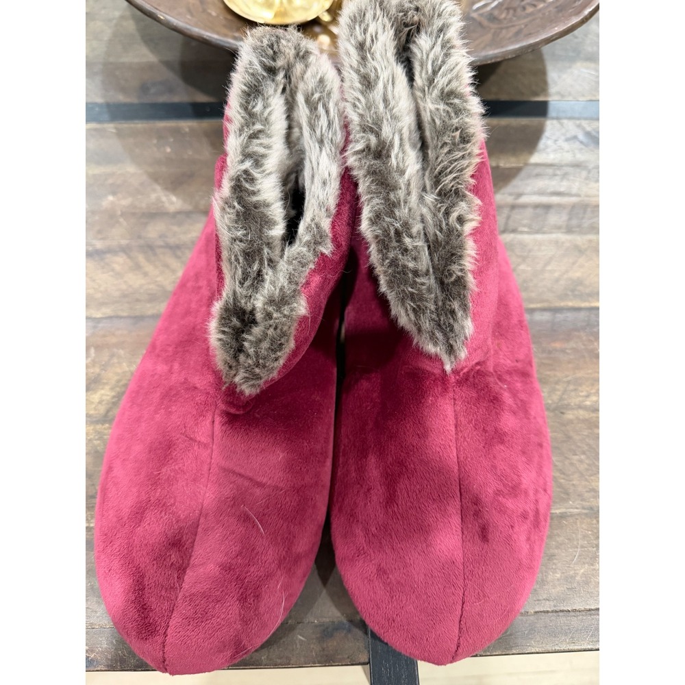 Dearfoams Womens Velour Bootie Slippers Pink Faux Fur Trim Large 9-10 Washable